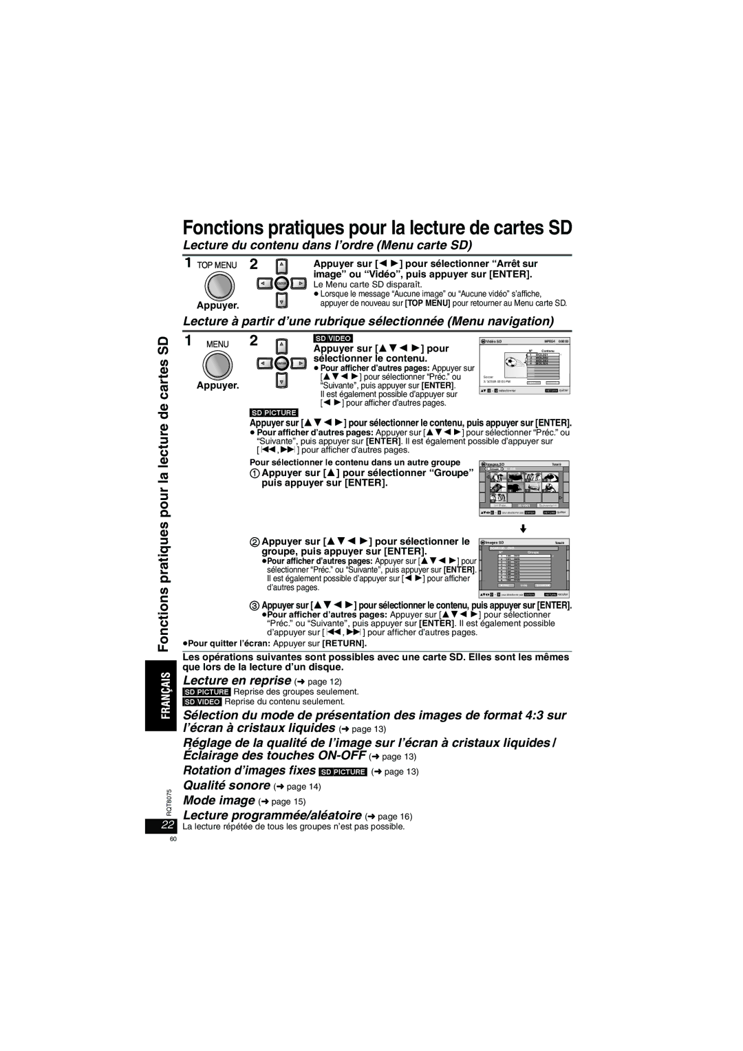 Panasonic DVD-LX95 De cartes SD, Fonctions pratiques pour la lecture, Lecture du contenu dans l’ordre Menu carte SD 