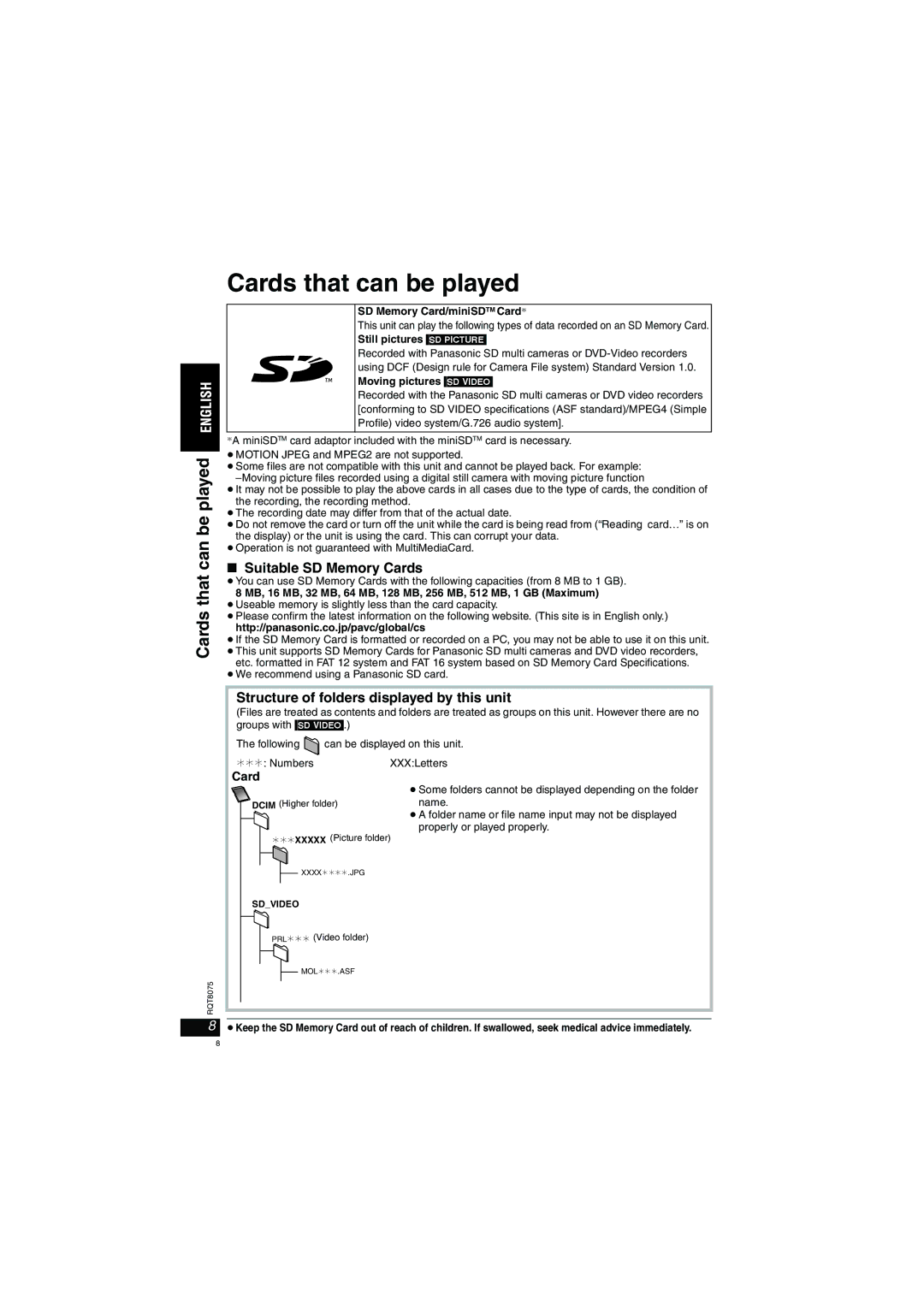 Panasonic DVD-LX95 Cards that can be played, Suitable SD Memory Cards, Structure of folders displayed by this unit 