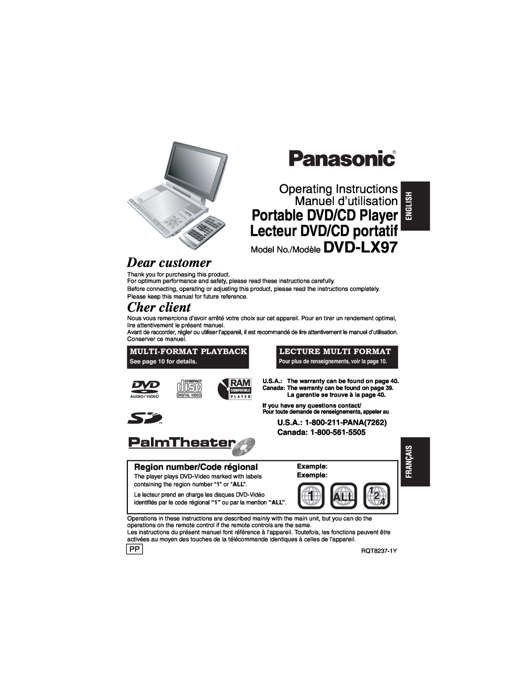 Panasonic DVD-LX97 manuel dutilisation Portable DVD/CD Player Lecteur DVD/CD portatif, Dear customer, Cher client, Canada 
