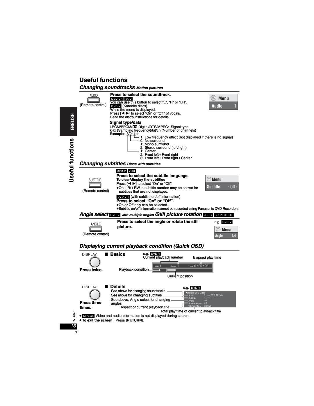 Panasonic DVD-LX97 Useful functions, Changing soundtracks Motion pictures, Displaying current playback condition Quick OSD 