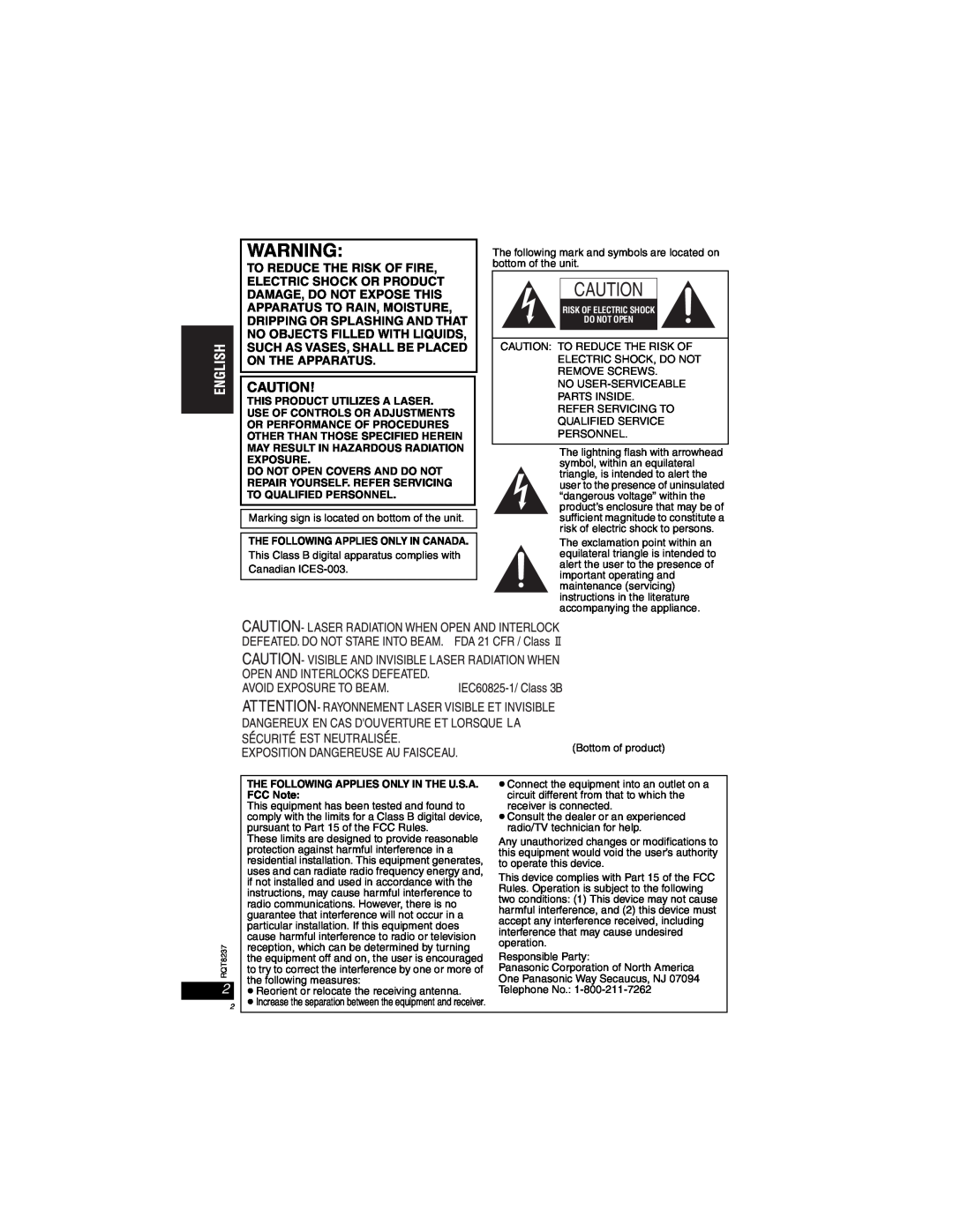 Panasonic DVD-LX97 The Following Applies Only In Canada, The Following Applies Only In The U.S.A, FCC Note 