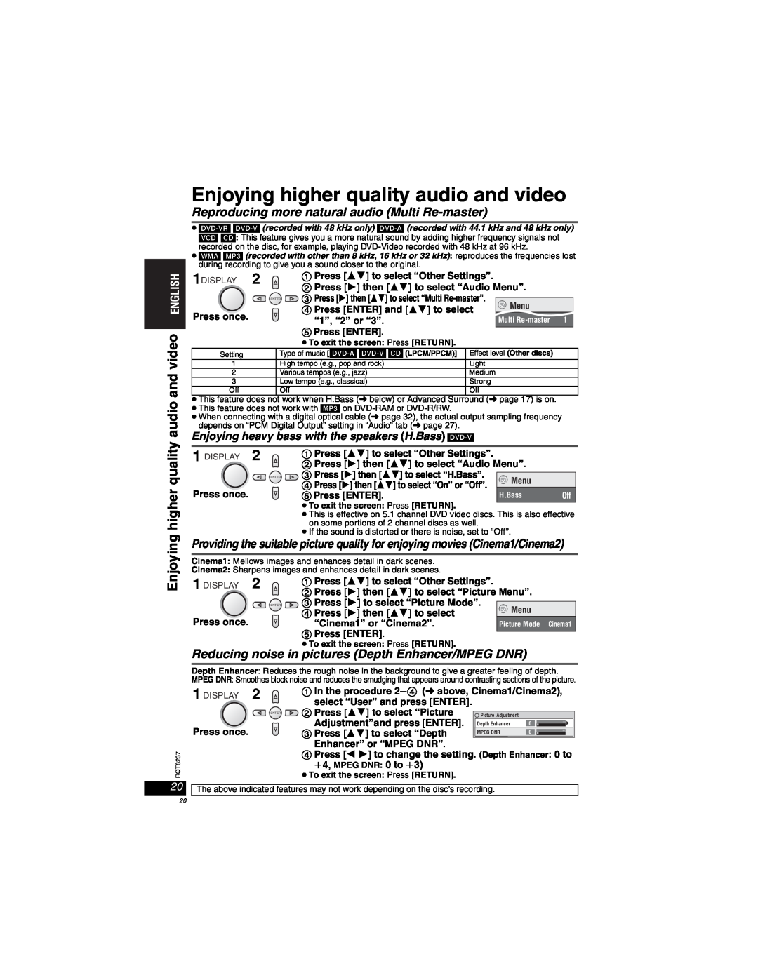 Panasonic DVD-LX97 Enjoying higher quality audio and video, Reproducing more natural audio Multi Re-master, Press once 