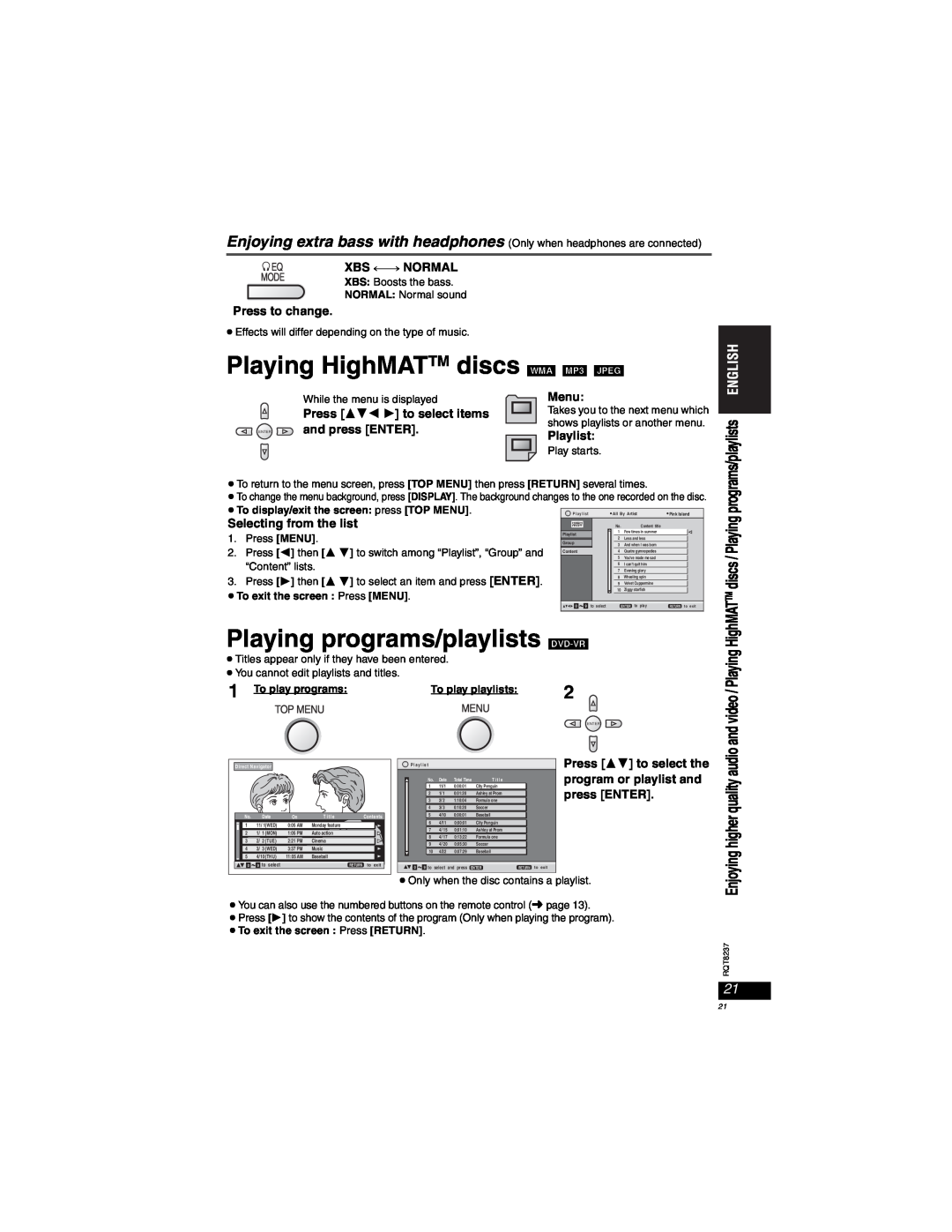 Panasonic DVD-LX97 Playing HighMATTM discs, Playing programs/playlists DVD-VR, Eqxbs Normal, Press to change, Menu 