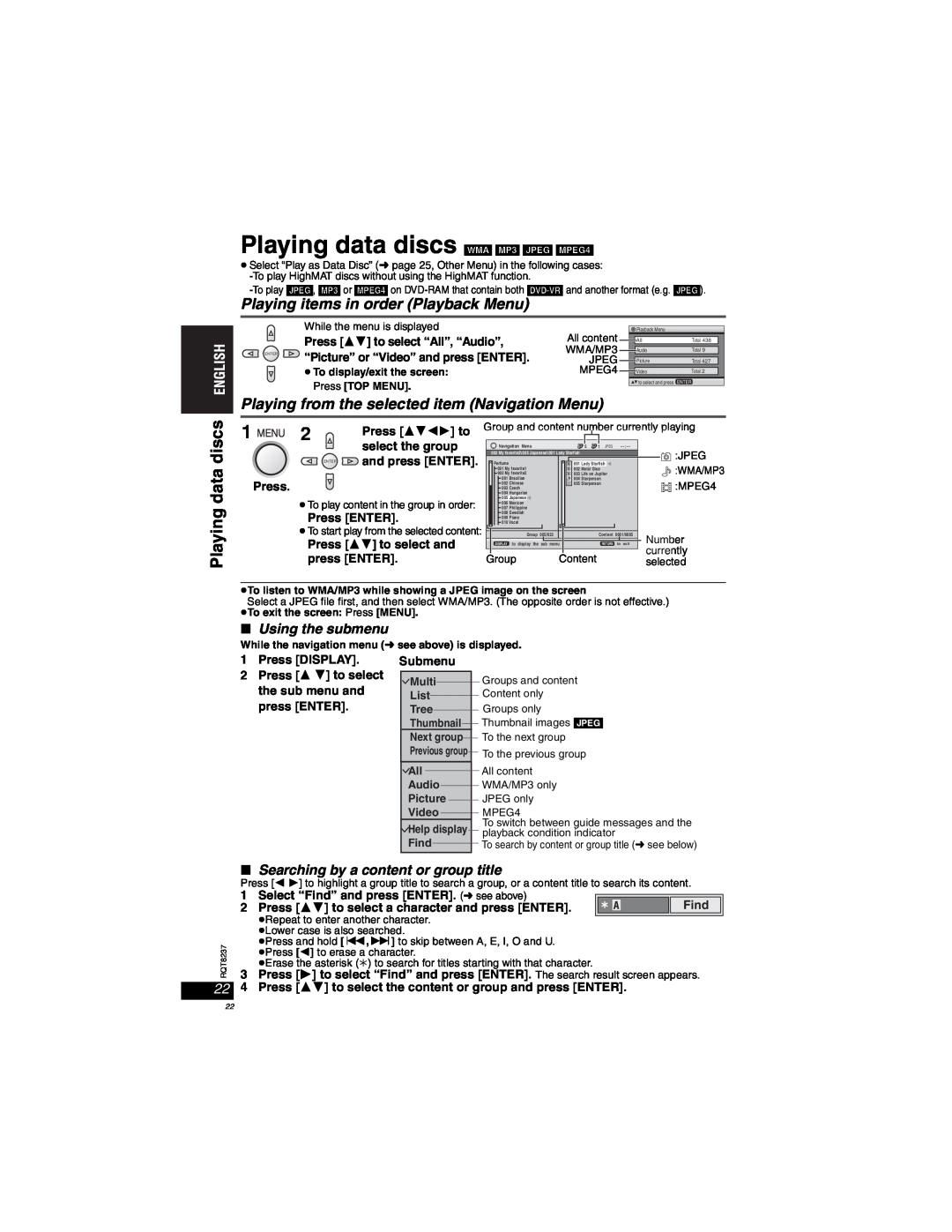 Panasonic DVD-LX97 Playing data discs, Playing items in order Playback Menu, w Using the submenu, Press DISPLAY, Submenu 