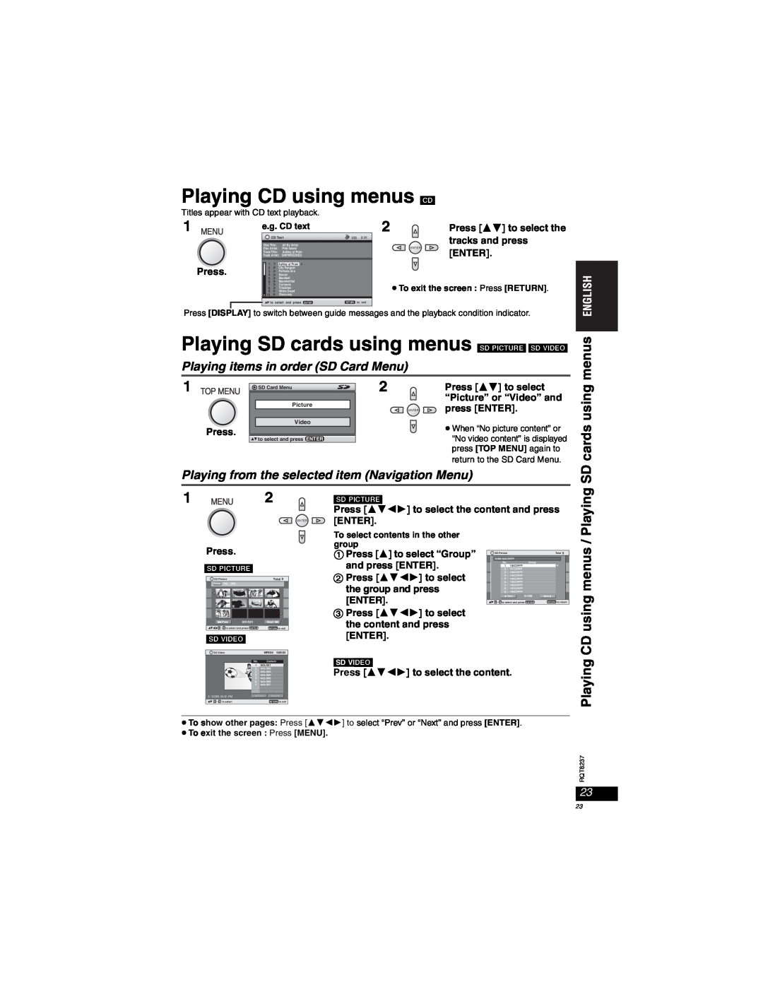 Panasonic DVD-LX97 Playing CD using menus CD, Playing SD cards using menus SDPICTURE SDVIDEO, Press, Enter 