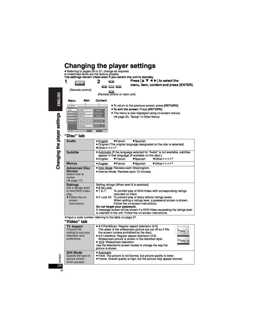 Panasonic DVD-LX97 Changing the player settings, Press, to select the, Audio, Subtitle, Menus, Advanced Disc, Review 
