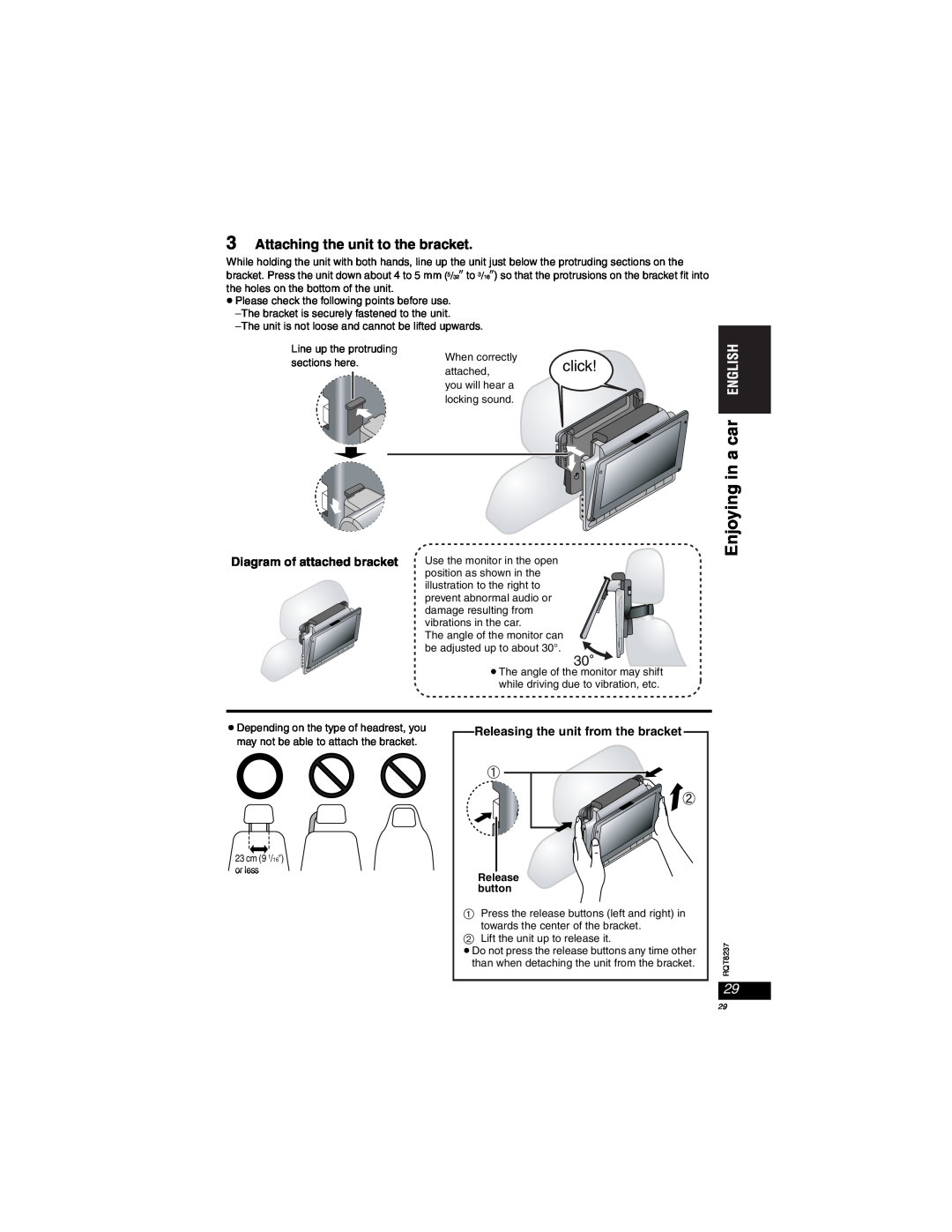 Panasonic DVD-LX97 Enjoying in a car, Attaching the unit to the bracket, Diagram of attached bracket, Release button 