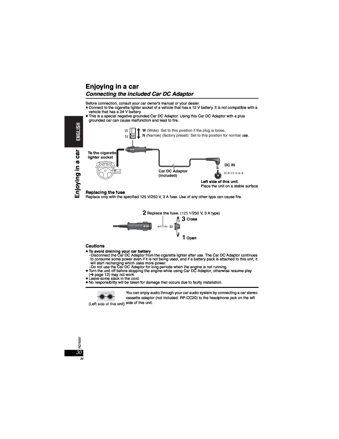 Panasonic DVD-LX97 Enjoying in a car, Connecting the included Car DC Adaptor, Replacing the fuse, Cautions, Close 1 Open 