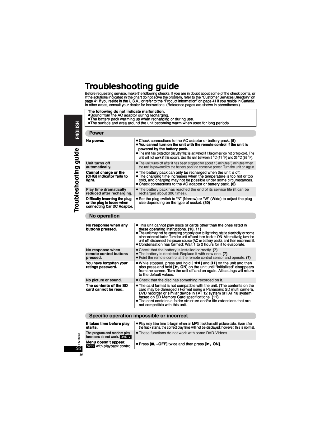 Panasonic DVD-LX97 Troubleshooting guide, Power, No operation, Specific operation impossible or incorrect, starts 