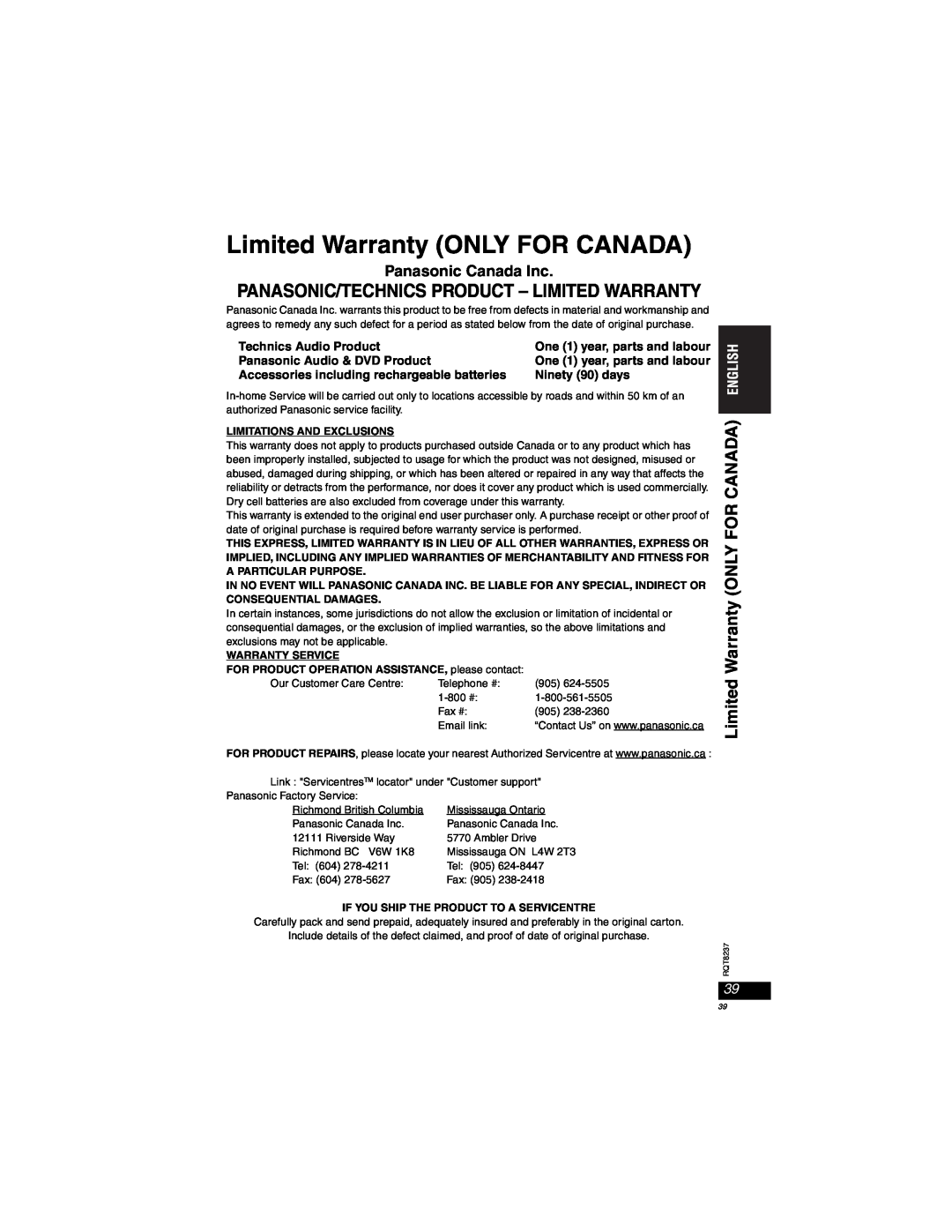 Panasonic DVD-LX97 Limited Warranty ONLY FOR CANADA, Panasonic/Technics Product - Limited Warranty, Technics Audio Product 