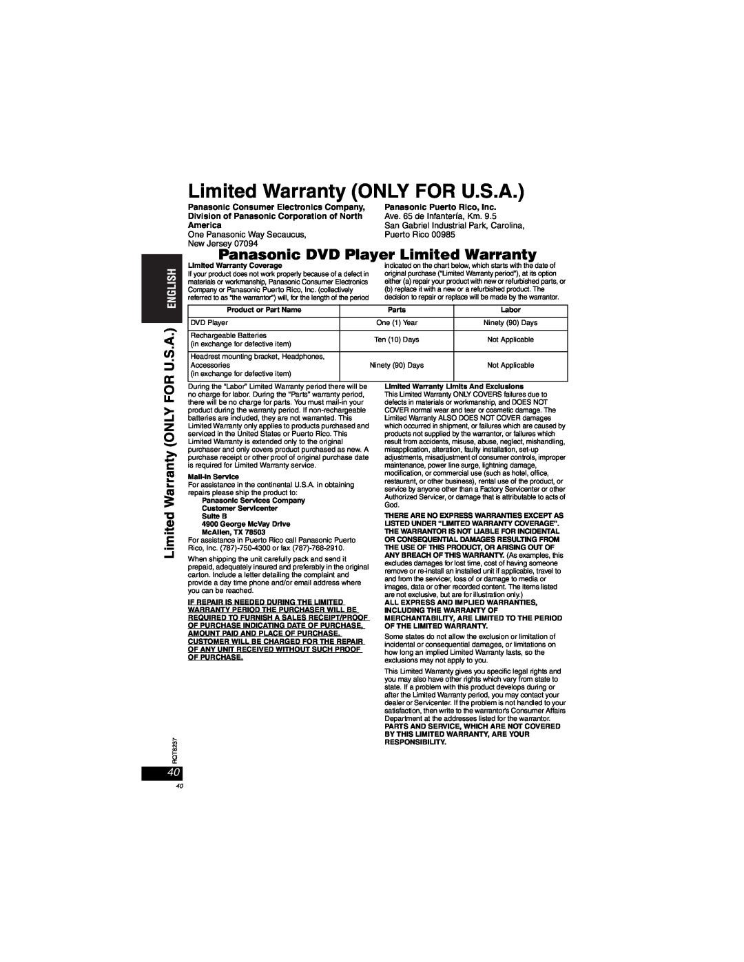 Panasonic DVD-LX97 Limited Warranty ONLY FOR U.S.A, Panasonic DVD Player Limited Warranty, Panasonic Puerto Rico, Inc 