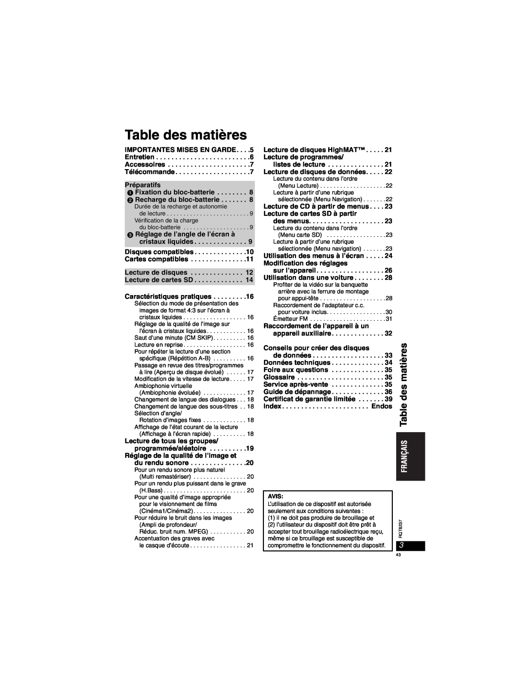 Panasonic DVD-LX97 Table des matières, IMPORTANTES MISES EN GARDE Entretien Accessoires Télécommande, Préparatifs, Index 