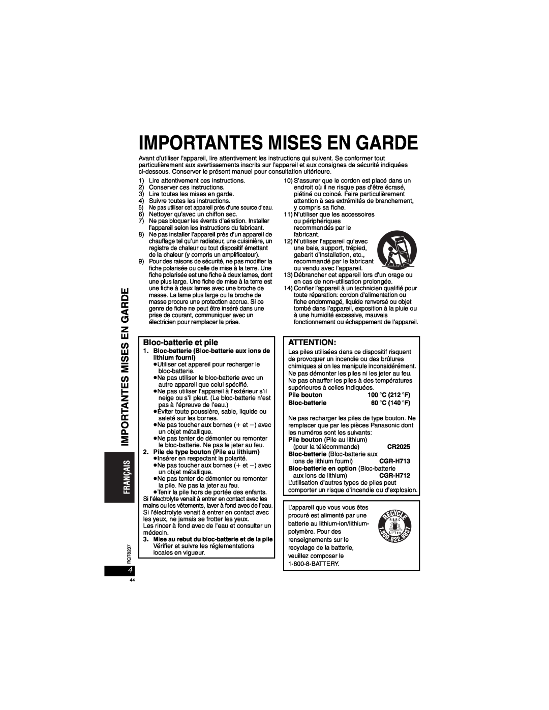 Panasonic DVD-LX97 Importantes Mises En Garde, Bloc-batterie et pile, Pile bouton, CR2025, CGR-H713, CGR-H712 
