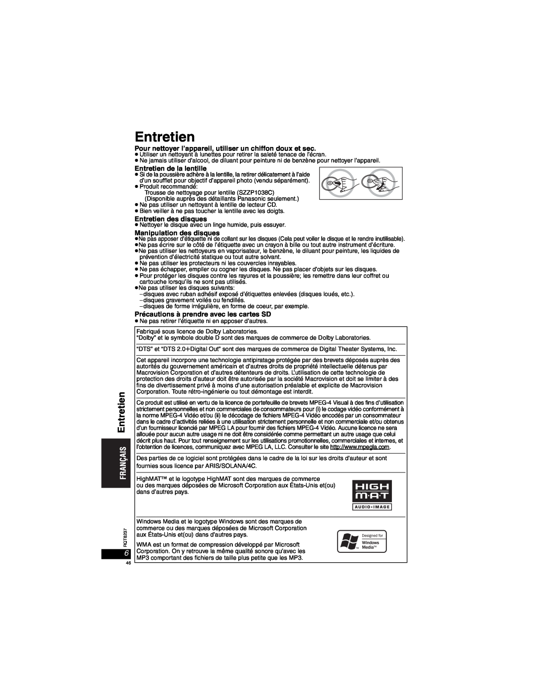 Panasonic DVD-LX97 Pour nettoyer l’appareil, utiliser un chiffon doux et sec, Entretien de la lentille 