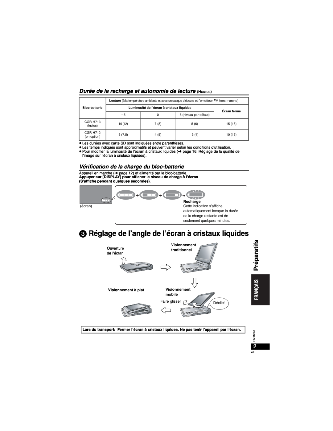 Panasonic DVD-LX97 Réglage de l’angle de l’écran à cristaux liquides, Durée de la recharge et autonomie de lecture Heures 