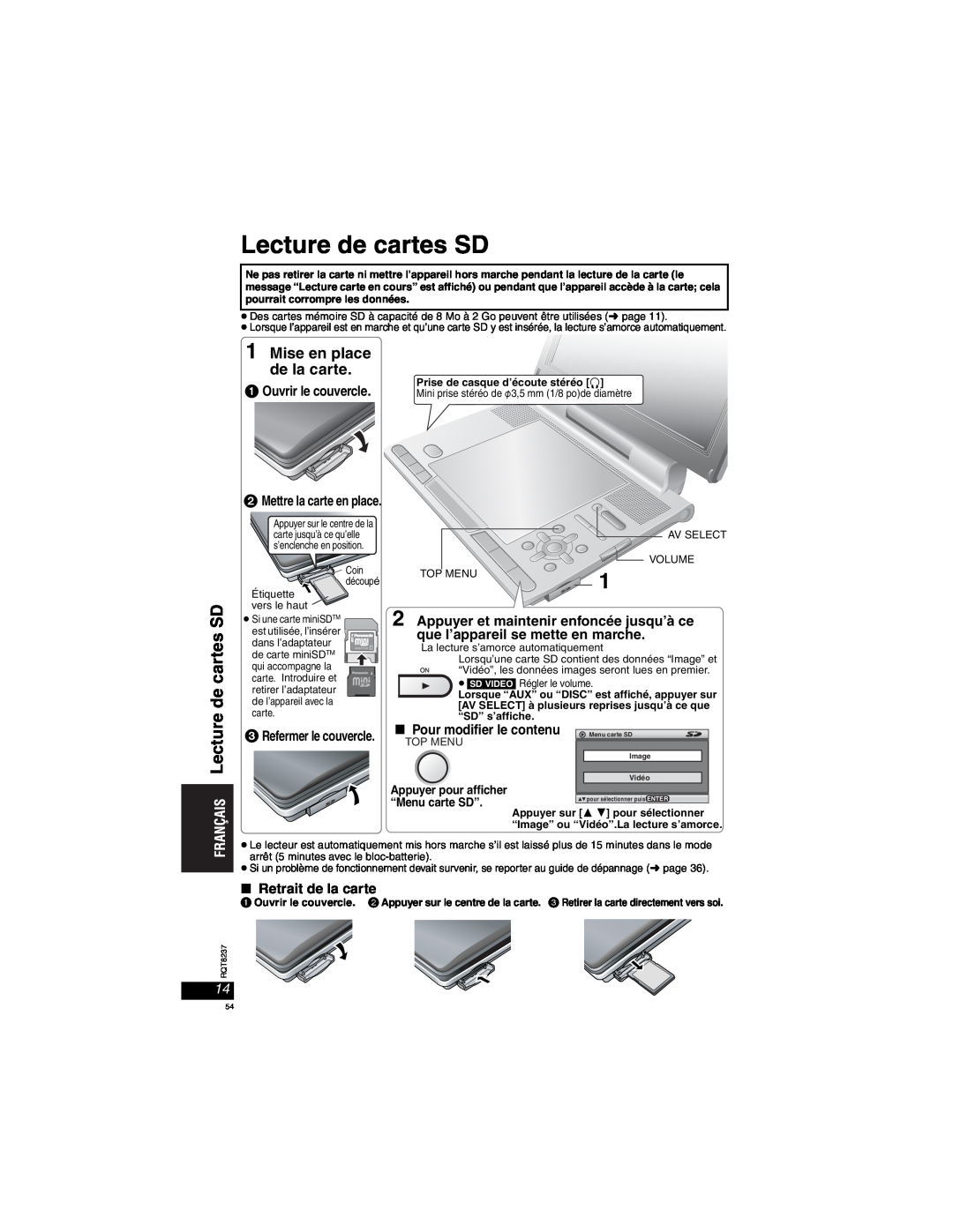Panasonic DVD-LX97 Lecture de cartes SD, Ouvrir le couvercle, Appuyer et maintenir enfoncée jusqu’à ce, “Menu carte SD” 