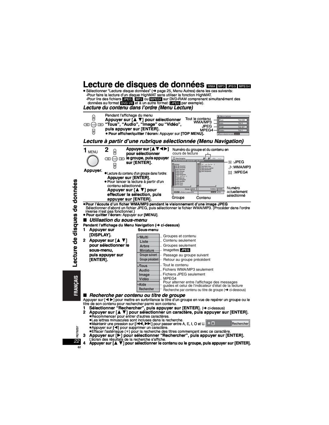 Panasonic DVD-LX97 Lecture de disques de données WMA MP3 JPEG MPEG4, Lecture du contenu dans l’ordre Menu Lecture, WMA/MP3 