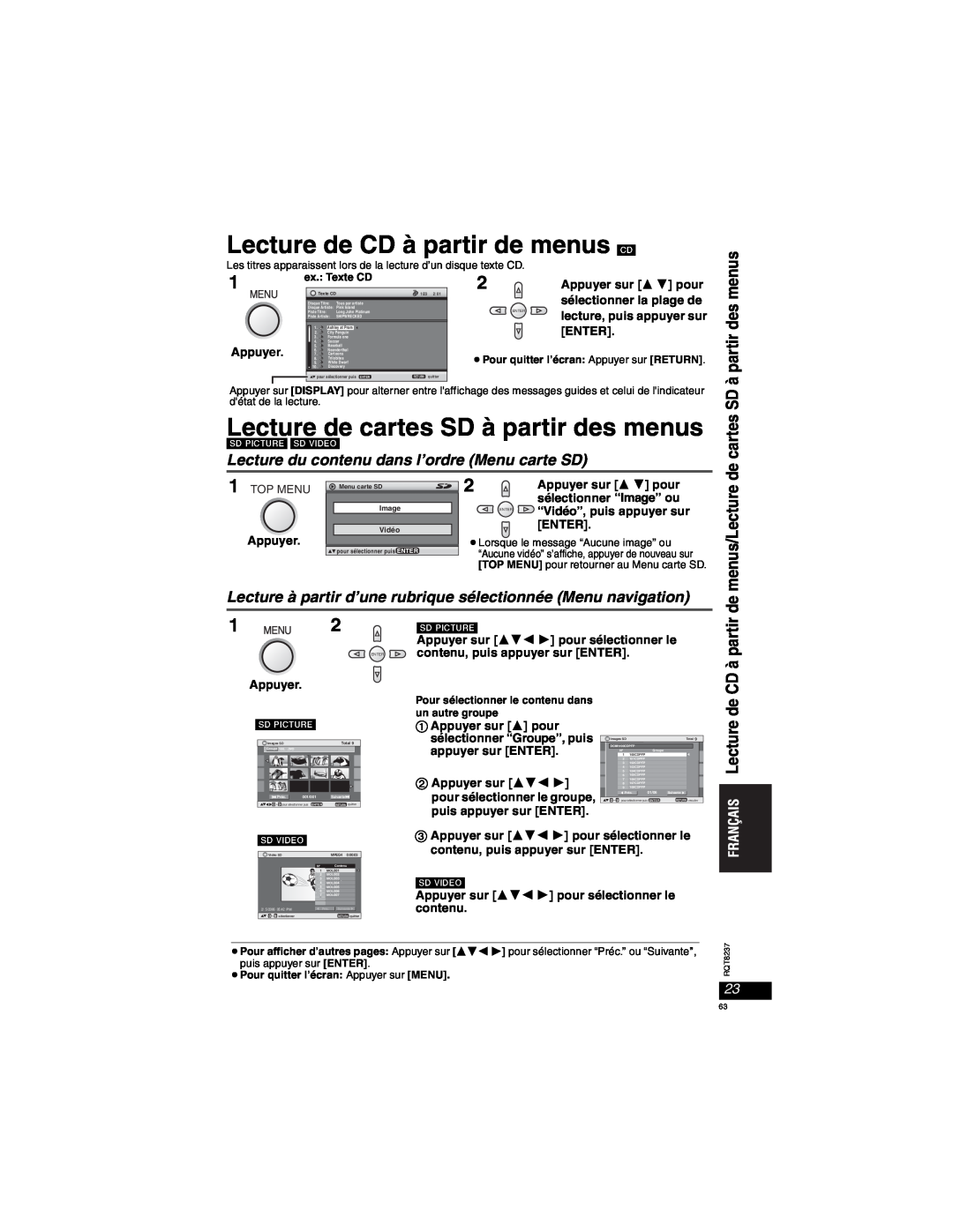 Panasonic DVD-LX97 Lecture de CD à partir de menus CD, Lecture de cartes SD à partir des menus, Appuyer sur  pour, Enter 