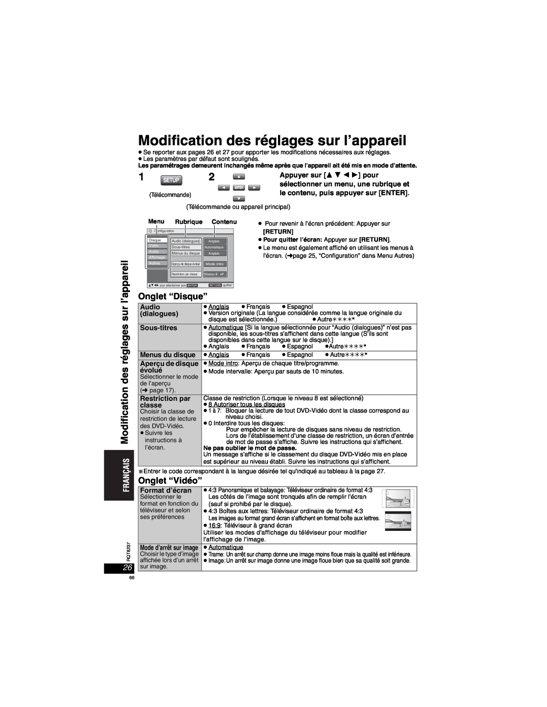 Panasonic DVD-LX97 Modification des réglages sur l’appareil, Appuyer sur    pour, Audio, dialogues, Sous-titres, évolué 