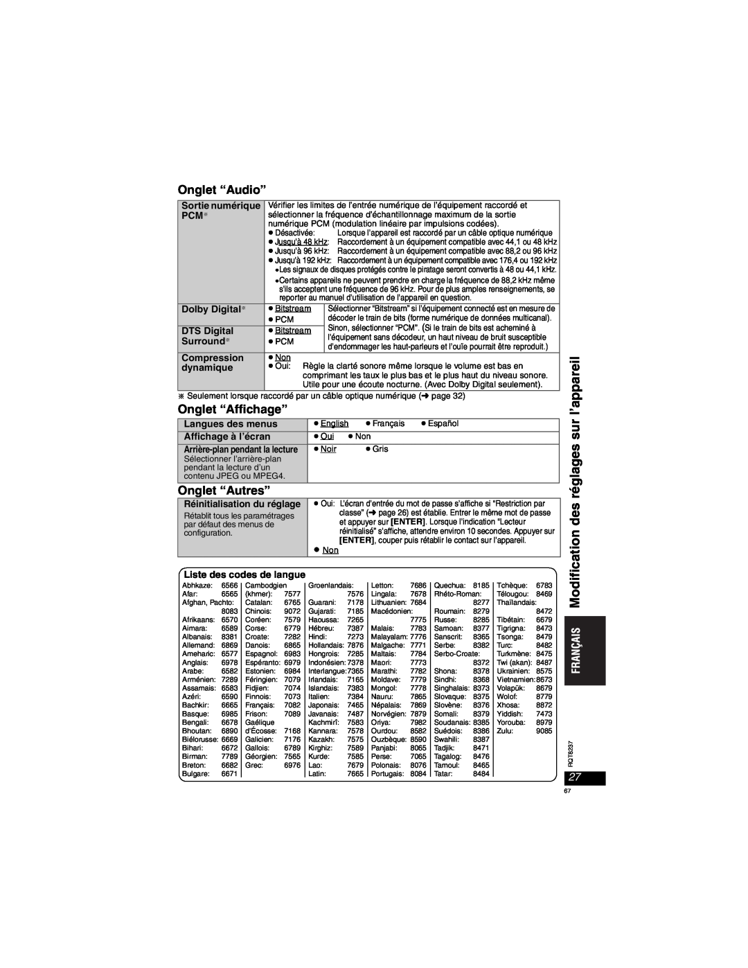 Panasonic DVD-LX97 Modification des réglages sur l’appareil, PCMa, Dolby Digitala, DTS Digital, Surrounda, Compression 