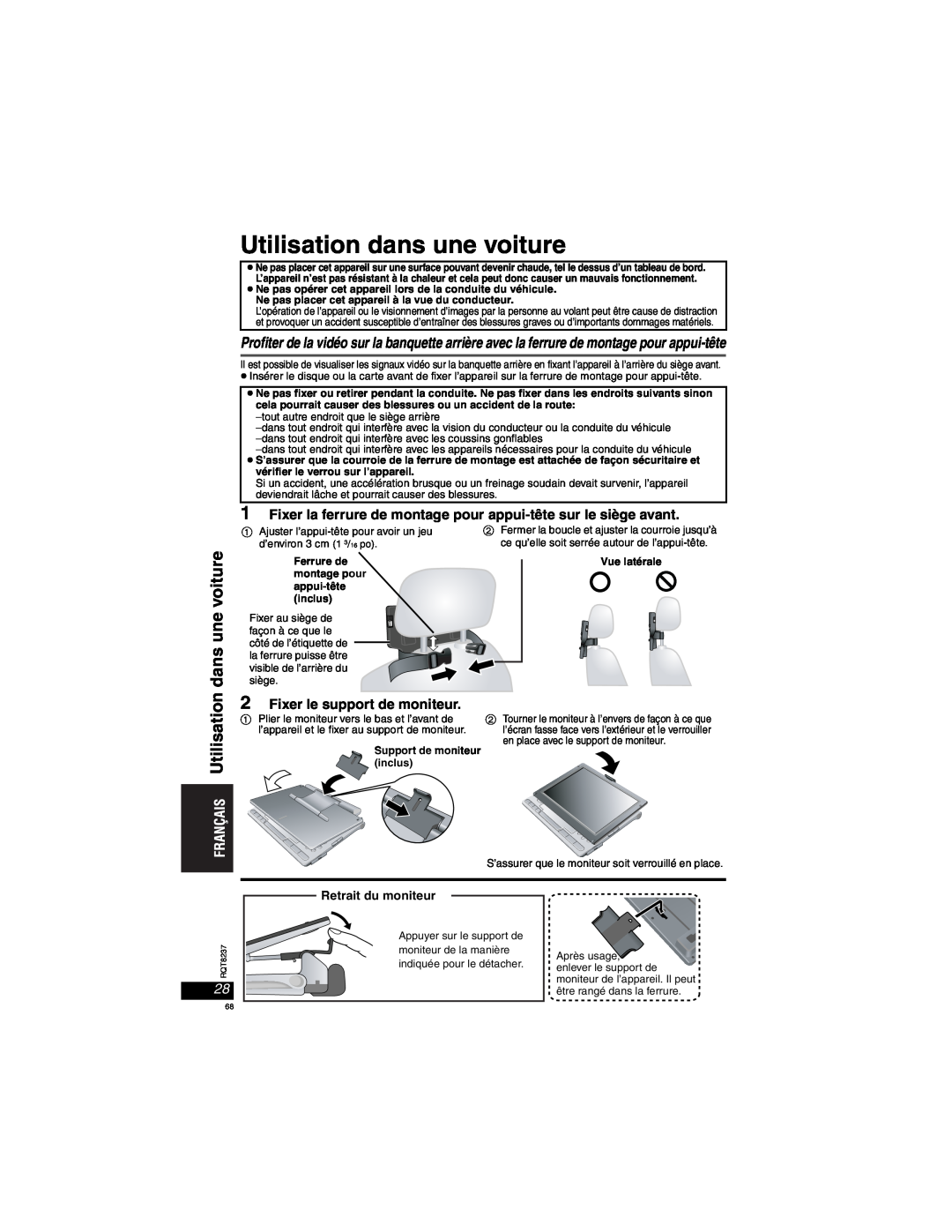 Panasonic DVD-LX97 Utilisation dans une voiture, Fixer la ferrure de montage pour appui-tête sur le siège avant 