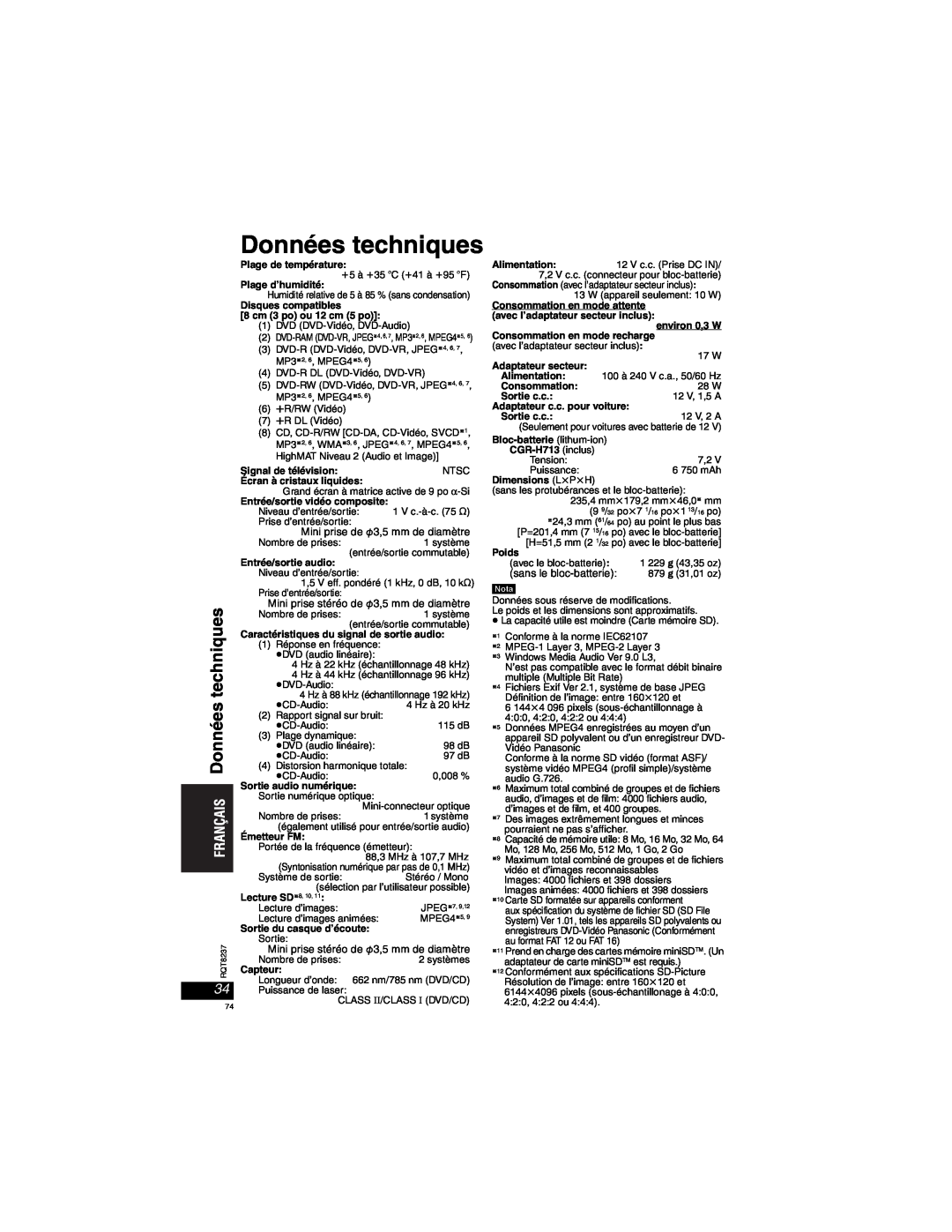 Panasonic DVD-LX97 Données techniques, Plage de température, Plage d’humidité, Disques compatibles 8 cm 3 po ou 12 cm 5 po 