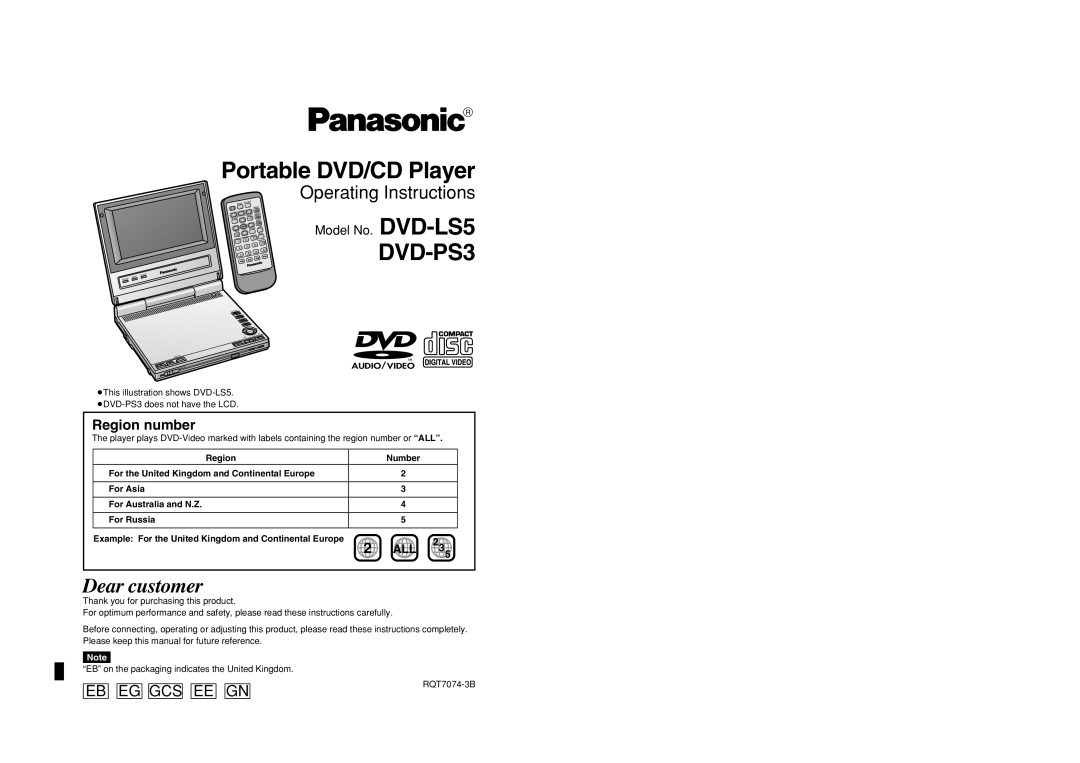 Panasonic DVD-PS3 operating instructions Portable DVD/CD Player, RQT7074-3B 