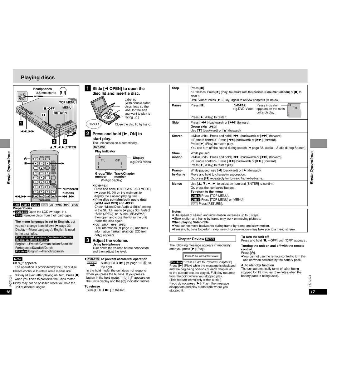 Panasonic DVD-PS3 operating instructions Playing discs, Operations, Basic 