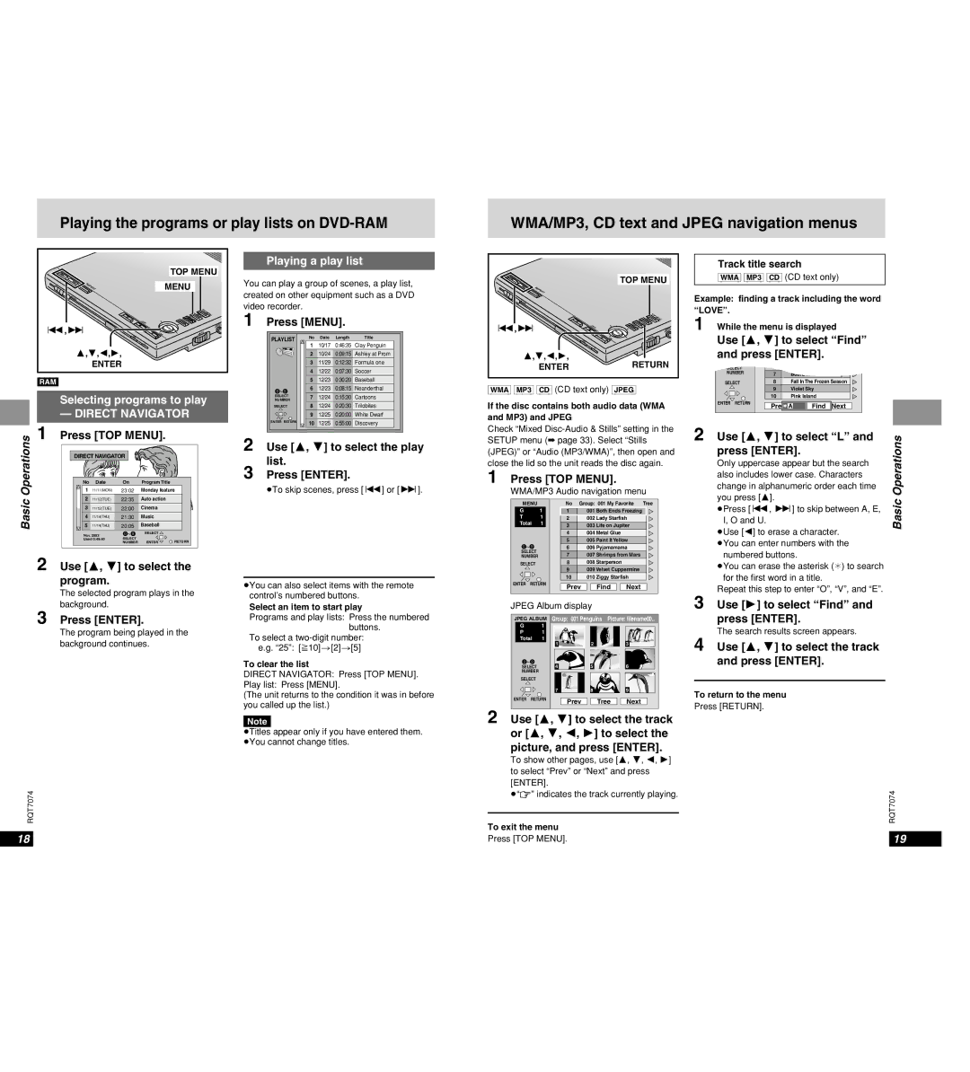 Panasonic DVD-PS3 WMA/MP3, CD text and Jpeg navigation menus, Playing a play list, Selecting programs to play 