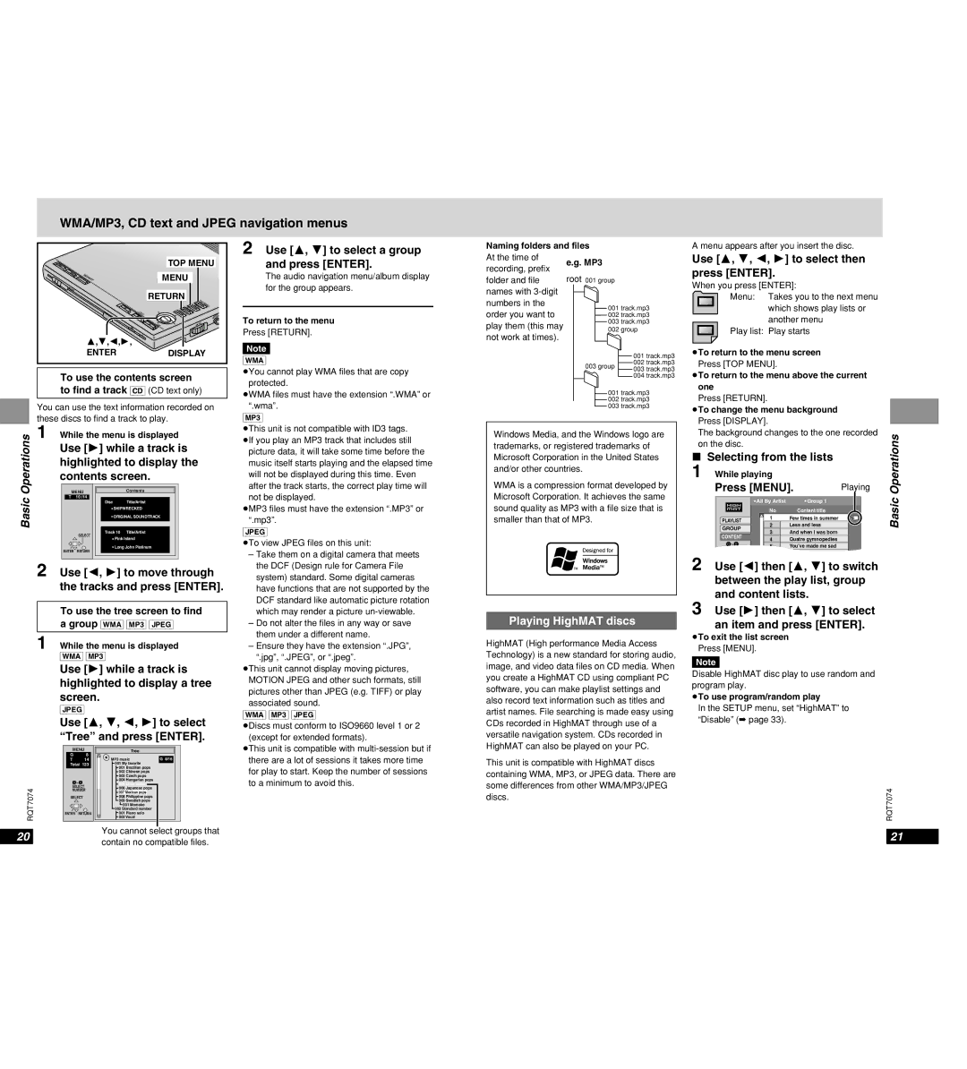 Panasonic DVD-PS3 Use 1 while a track is, Highlighted to display, Contents screen, Playing HighMAT discs 