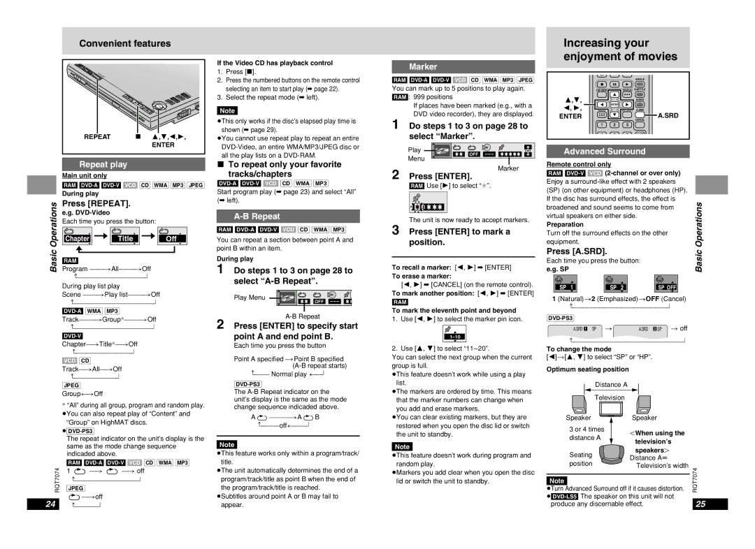 Panasonic DVD-PS3 operating instructions Increasing your enjoyment of movies, Marker, Repeat play, Advanced Surround 