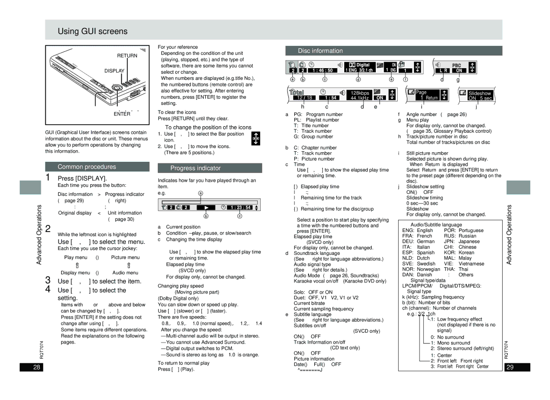 Panasonic DVD-PS3 operating instructions Using GUI screens, Operations Advanced, Advanced Operations 