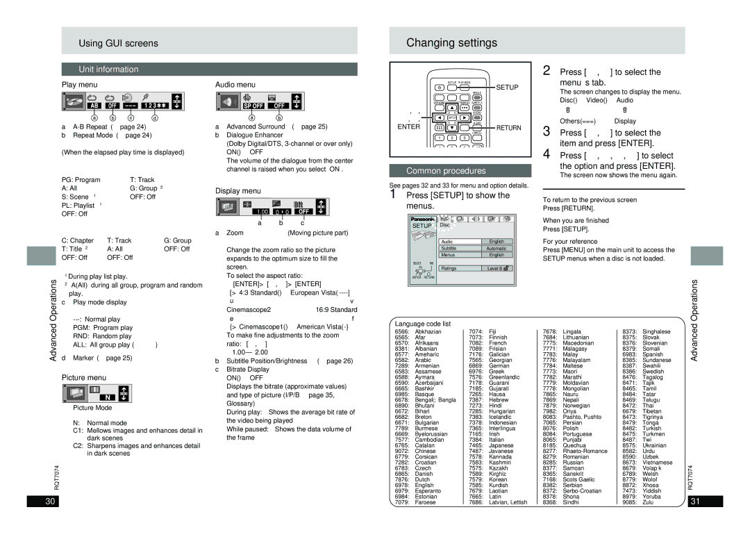 Panasonic DVD-PS3 Changing settings, Unit information, Menu’s tab, Press 3, 4 to select, Press Setup to show Menus 