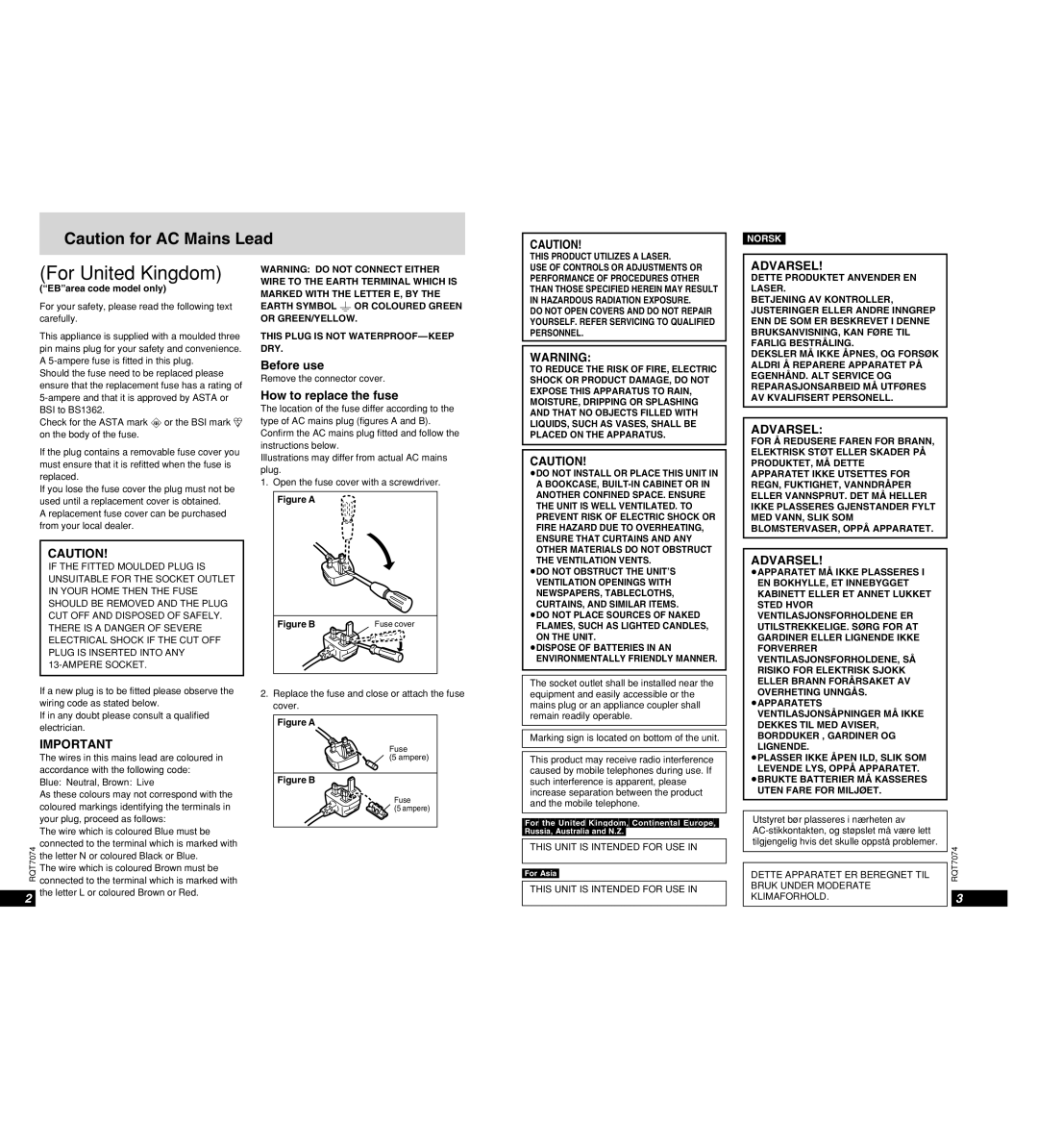 Panasonic DVD-PS3 Before use, How to replace the fuse, EBarea code model only, ≥DO not Install or Place this Unit 