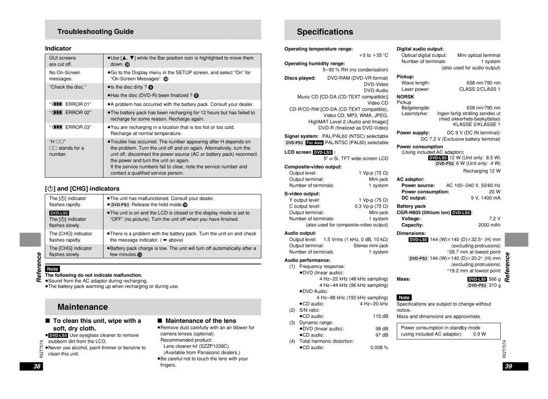 Panasonic DVD-PS3 operating instructions Specifications, Indicator, CHG indicators, Maintenance of the lens 