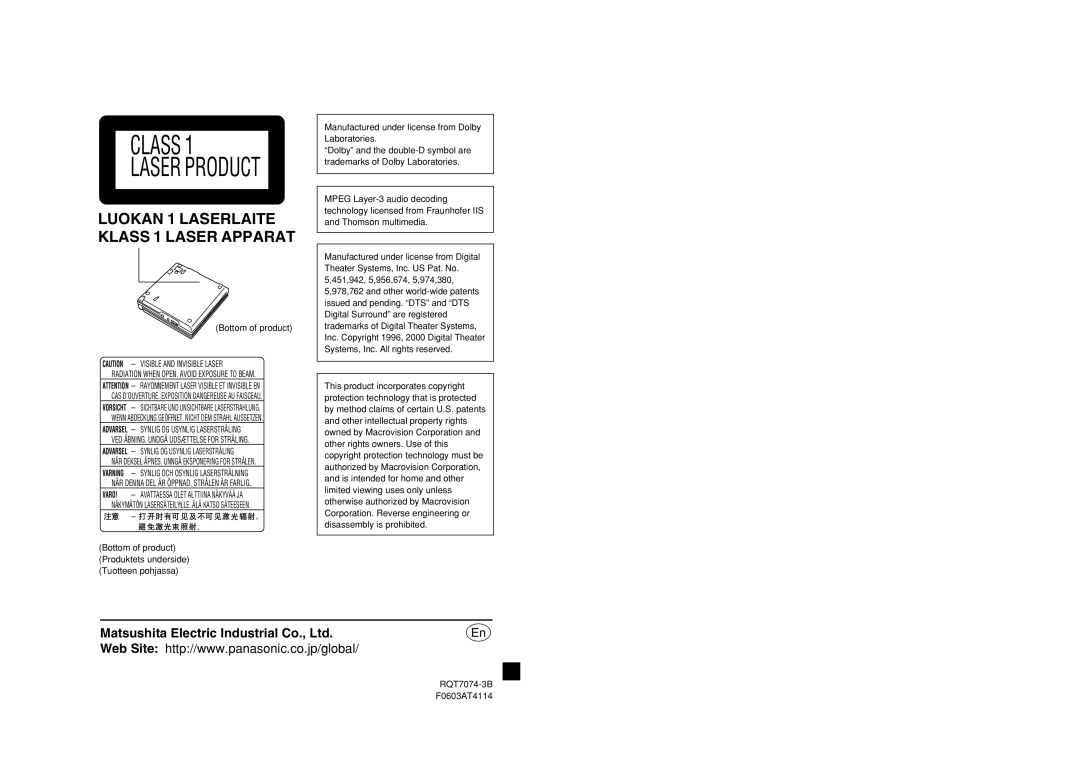 Panasonic DVD-PS3 operating instructions Class Laser Product, Bottom of product 