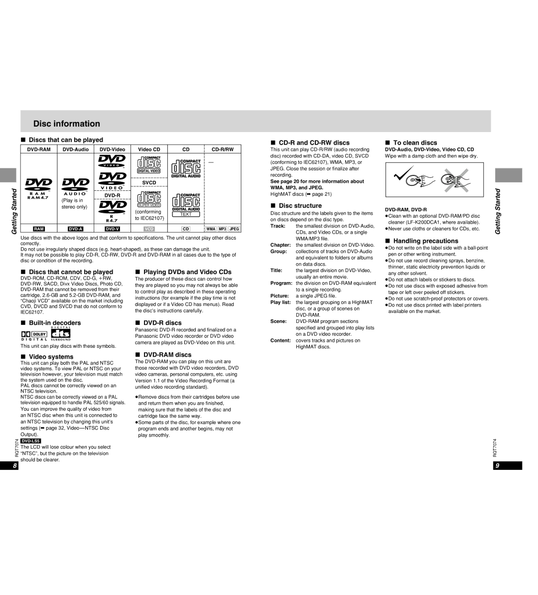 Panasonic DVD-PS3 operating instructions Disc information 