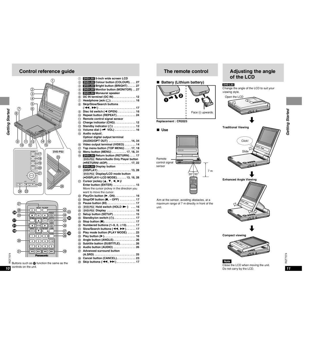 Panasonic DVD-PS3 Control reference guide, Remote control, Adjusting the angle of the LCD, Battery Lithium battery, Use 