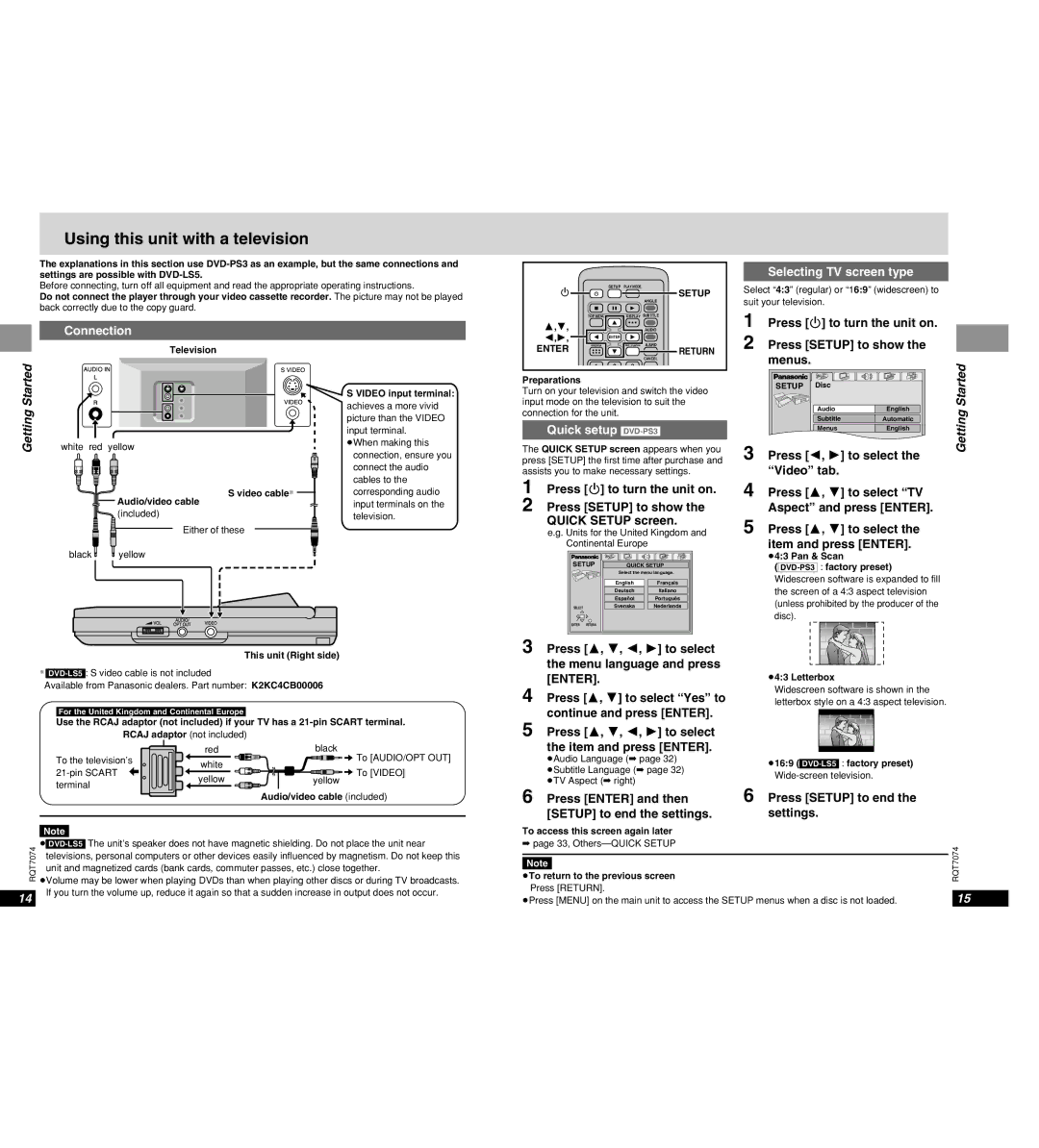 Panasonic Using this unit with a television, Selecting TV screen type, Connection, Quick setup DVD-PS3 