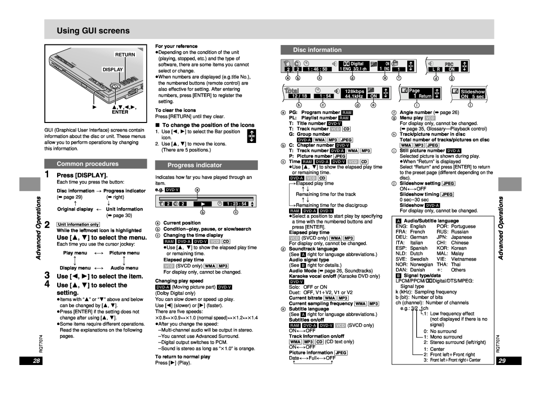 Panasonic DVD-PS3 Using GUI screens, Disc information, Advanced, Common procedures, Progress indicator, Repeat, O Ff, Page 