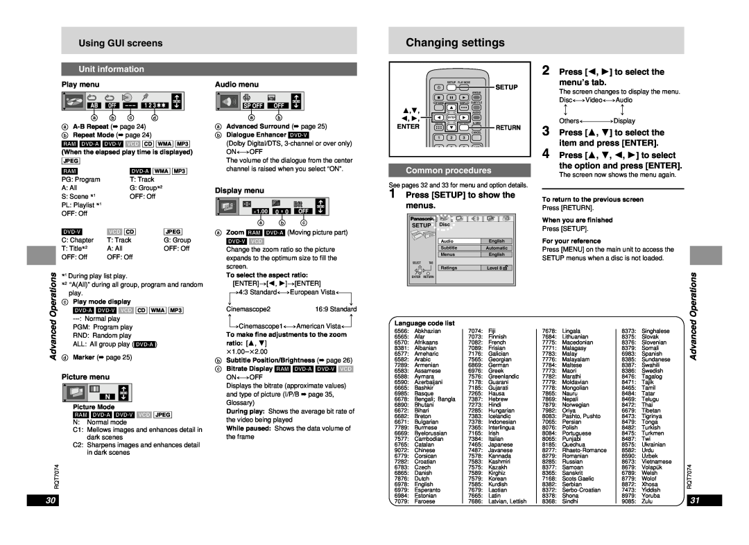 Panasonic DVD-PS3 Changing settings, Using GUI screens, Unit information, Operations, Common procedures, Advanced, Vcd Cd 