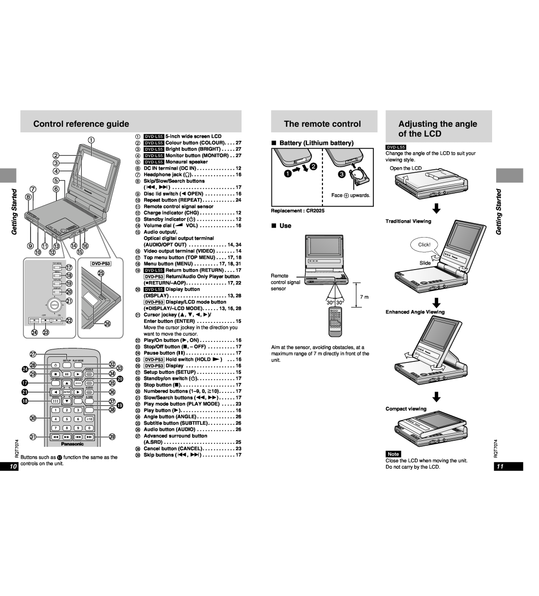 Panasonic DVD-PS3 operating instructions Control reference guide, The remote control, Adjusting the angle of the LCD 