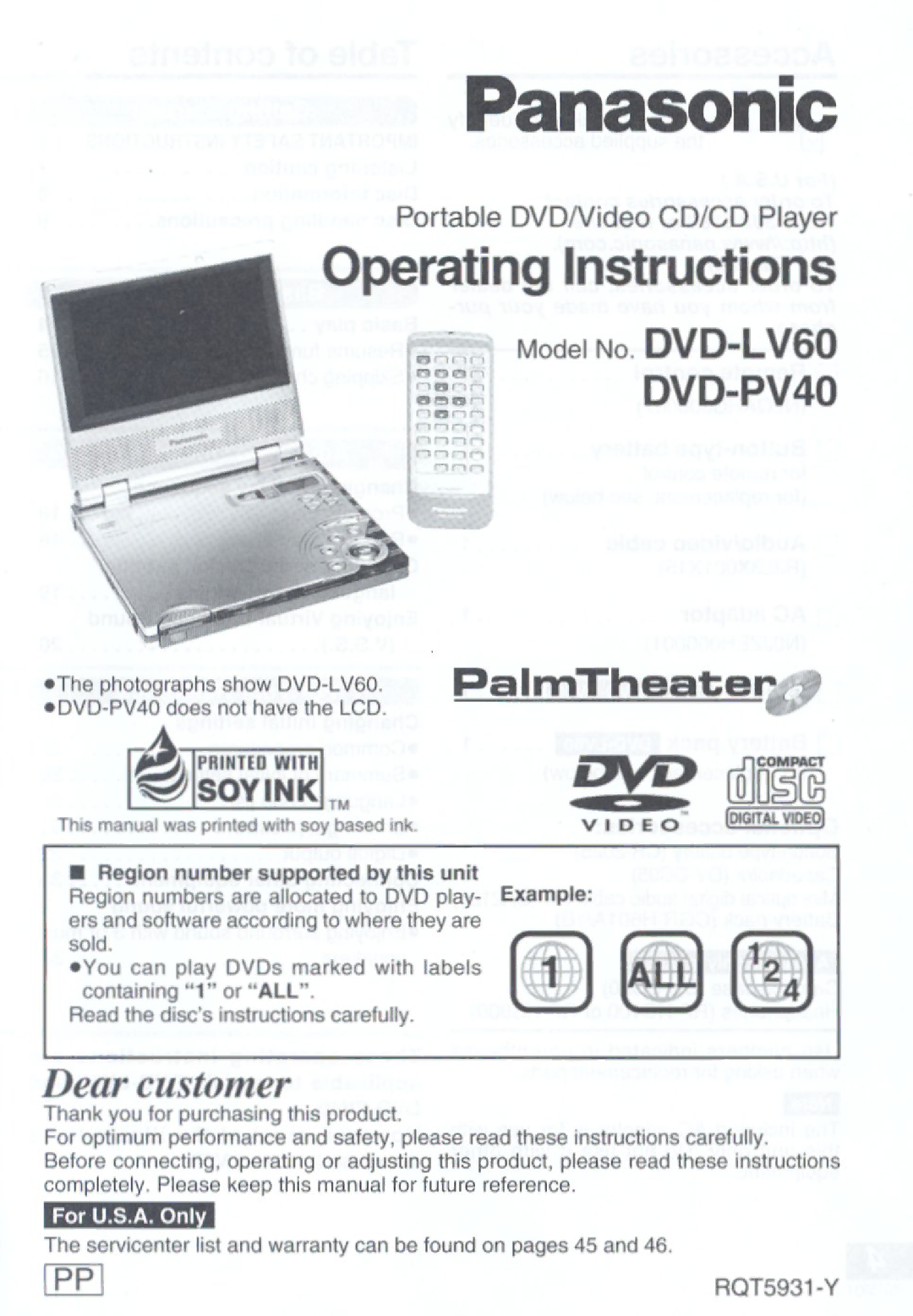 Panasonic DVDLV60, DVD-PV40 manual 