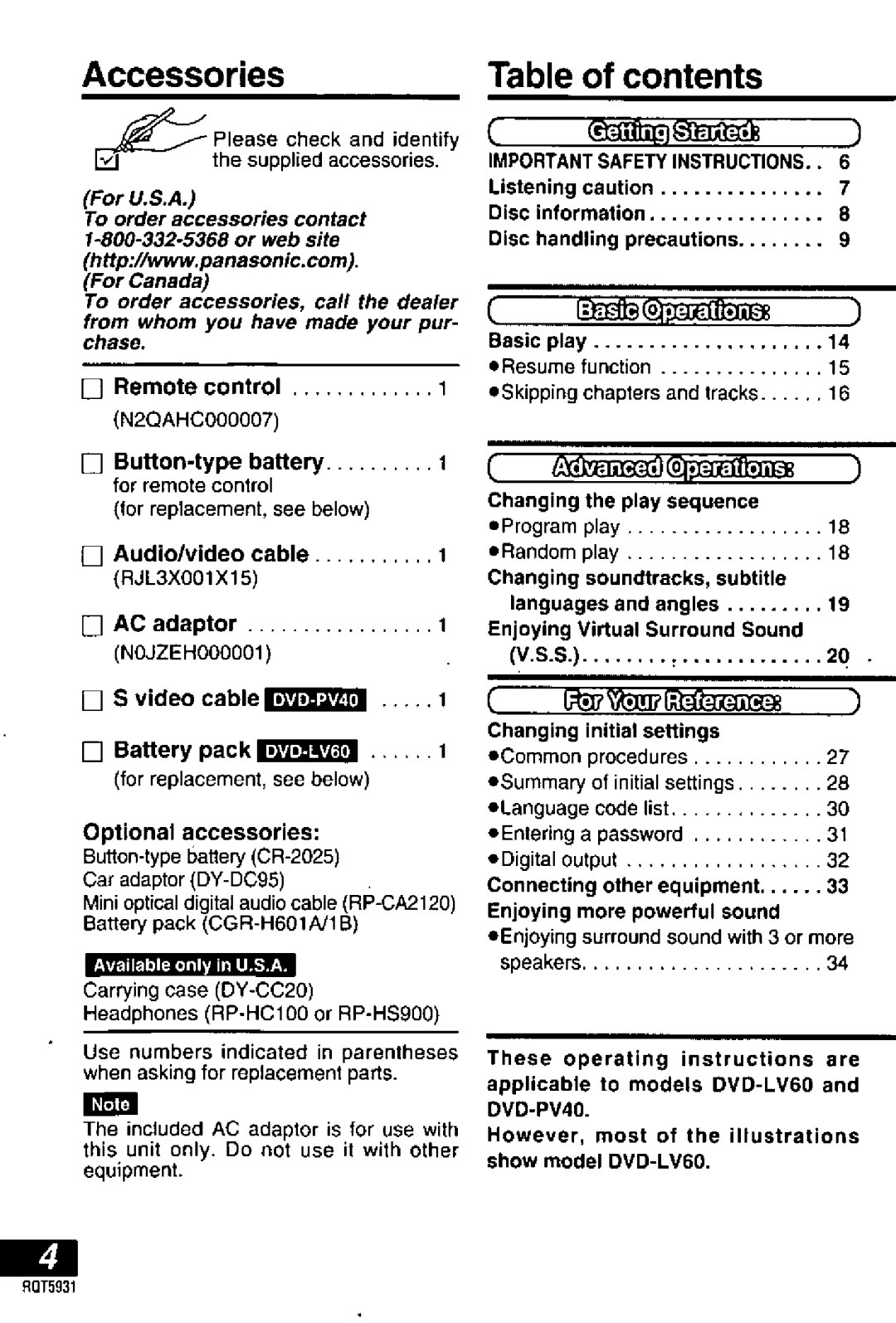 Panasonic DVD-PV40, DVDLV60 manual 