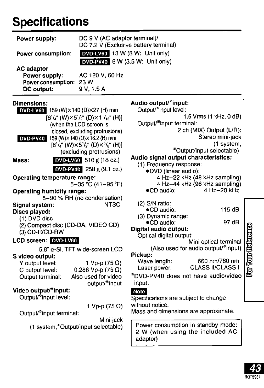 Panasonic DVDLV60, DVD-PV40 manual 