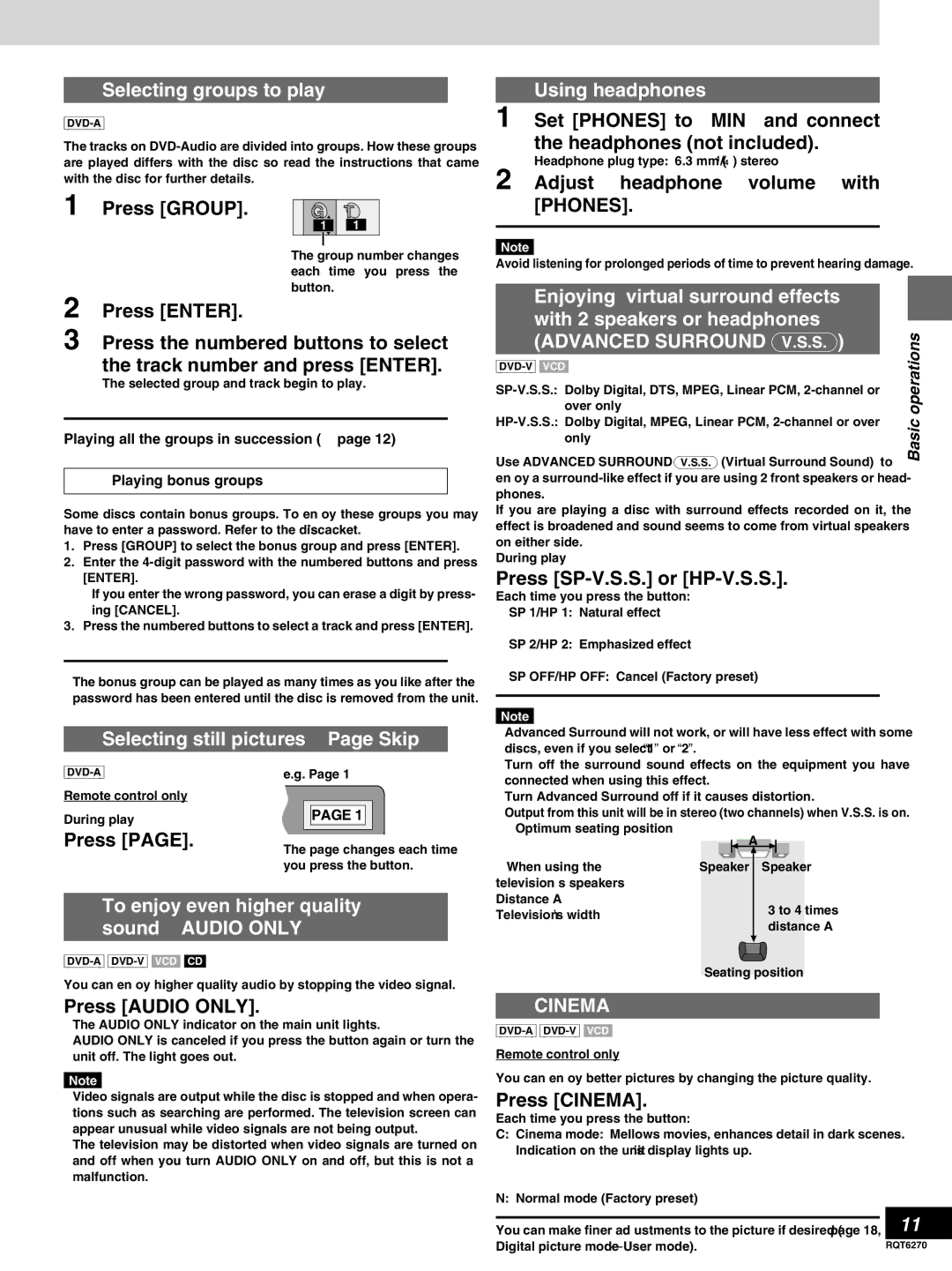 Panasonic DVD-RA60 Selecting groups to play, Press Group, Selecting still pictures-Page Skip, Using headphones 