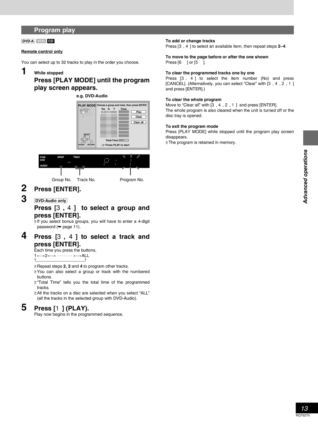 Panasonic DVD-RA60 operating instructions Program play, Press Play Mode until the program play screen appears, Press Enter 