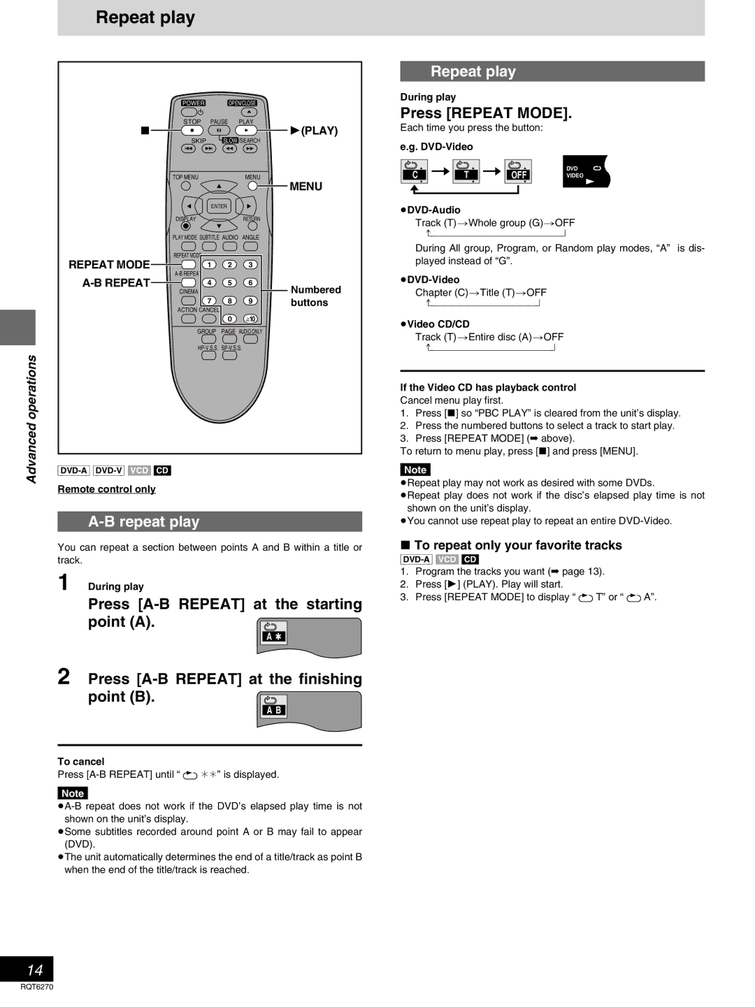 Panasonic DVD-RA60 operating instructions Repeat play, Press Repeat Mode, To repeat only your favorite tracks 