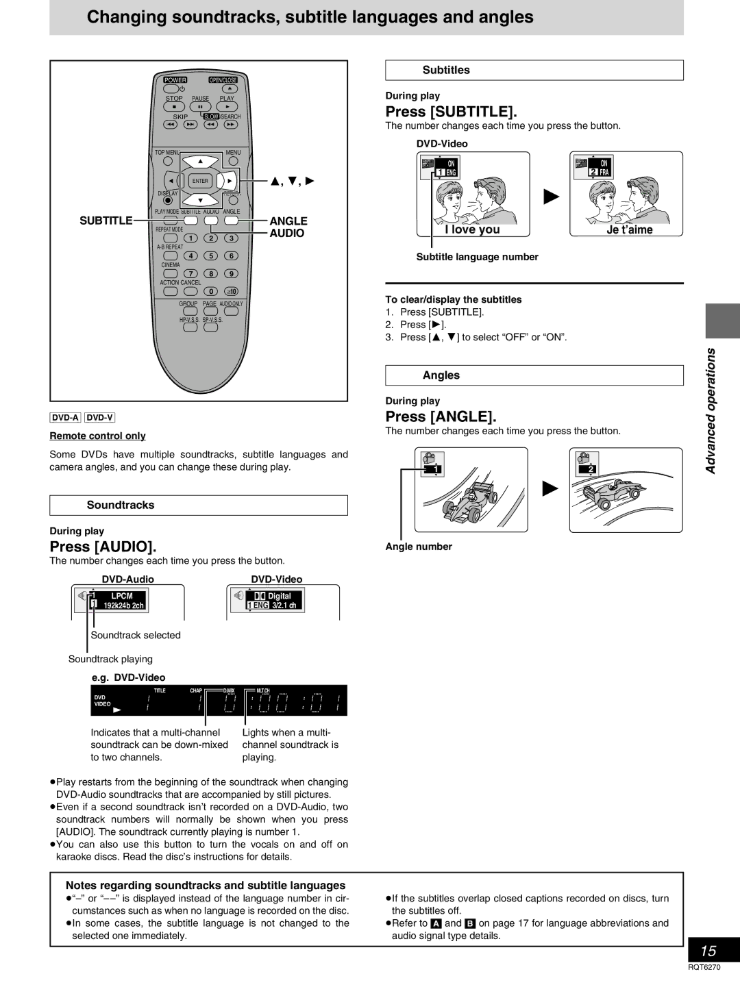 Panasonic DVD-RA60 Changing soundtracks, subtitle languages and angles, Press Audio, Press Subtitle, Press Angle, Love you 