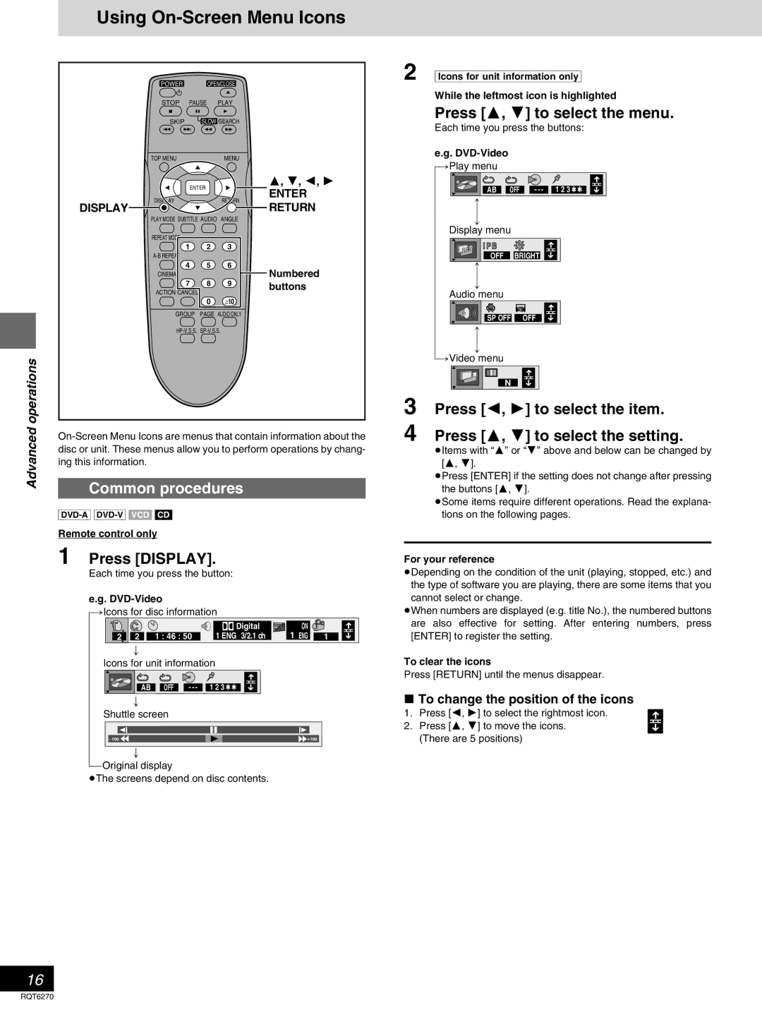 Panasonic DVD-RA60 Using On-Screen Menu Icons, Common procedures, Press Display, Press 3, 4 to select the menu 